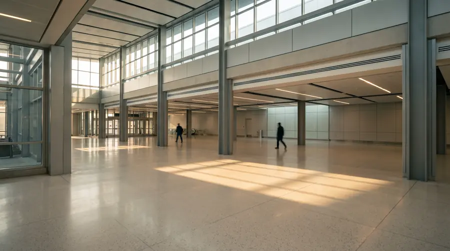 A light filled modern transit concourse with terrazzo flooring and tall clerestory windows.