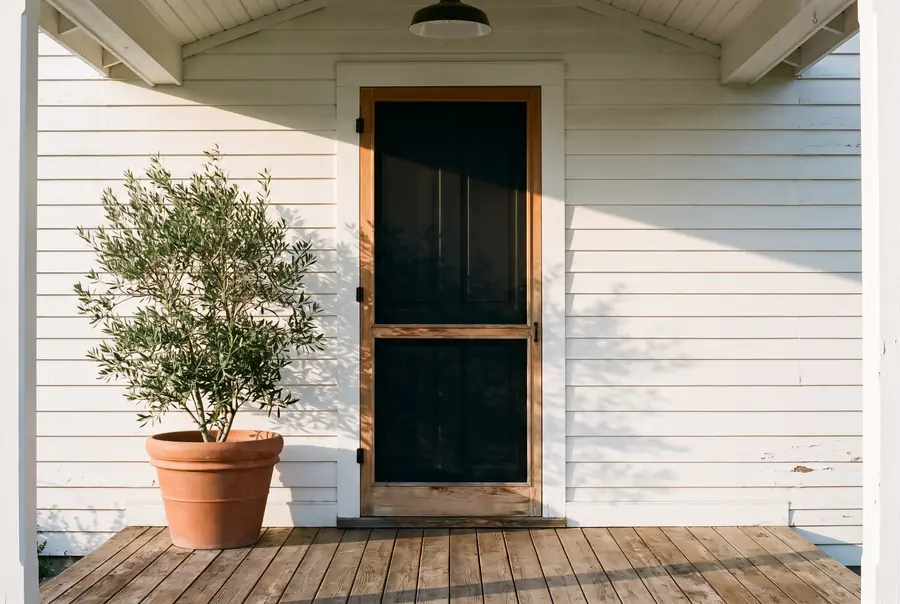 A matte black front door on a white American farmhouse with a covered porch.