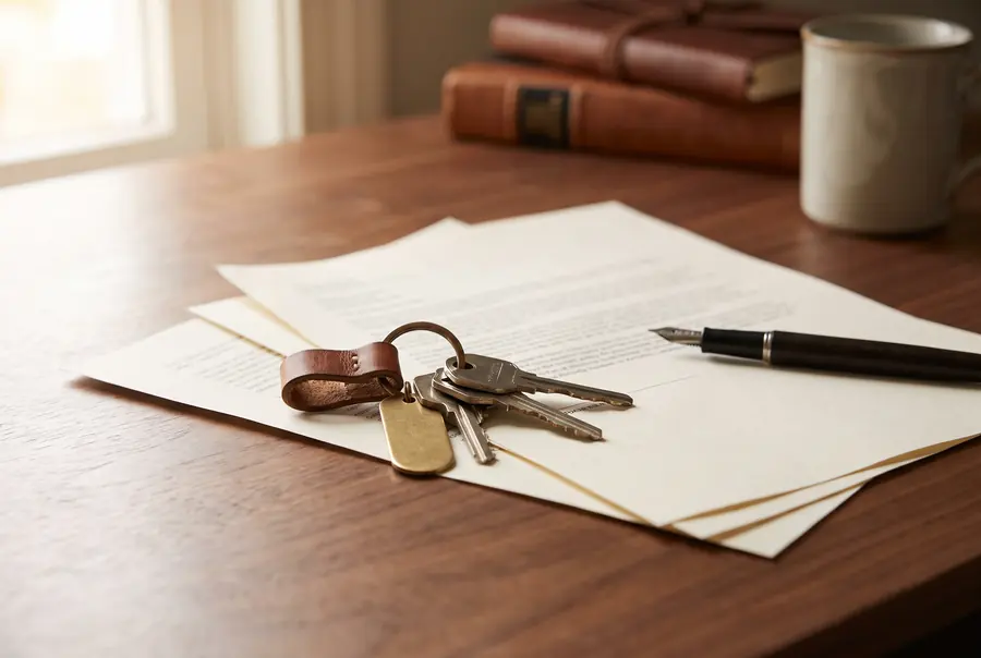 A ring of house keys resting on a stack of printed paperwork beside a pen.