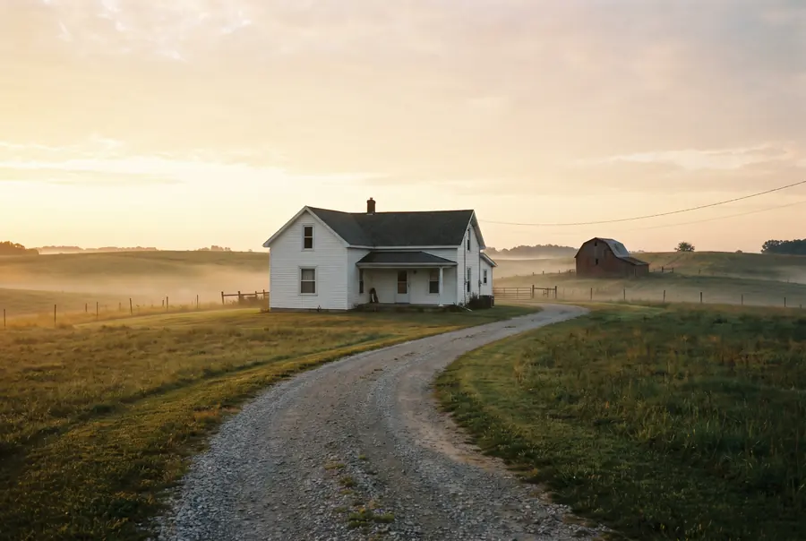 A small American farmhouse on open rural land at dawn with a red barn behind it.